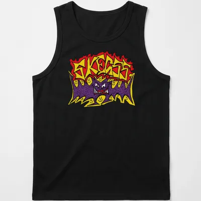 Bold graffiti style Skegss band logo in red, yellow, purple, and black. — printed on a tank top