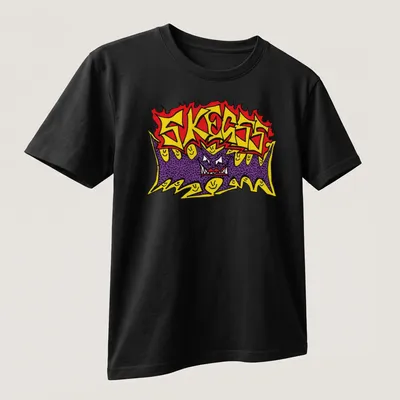 Bold graffiti style Skegss band logo in red, yellow, purple, and black. — printed on a unisex t-shirt (angled view)
