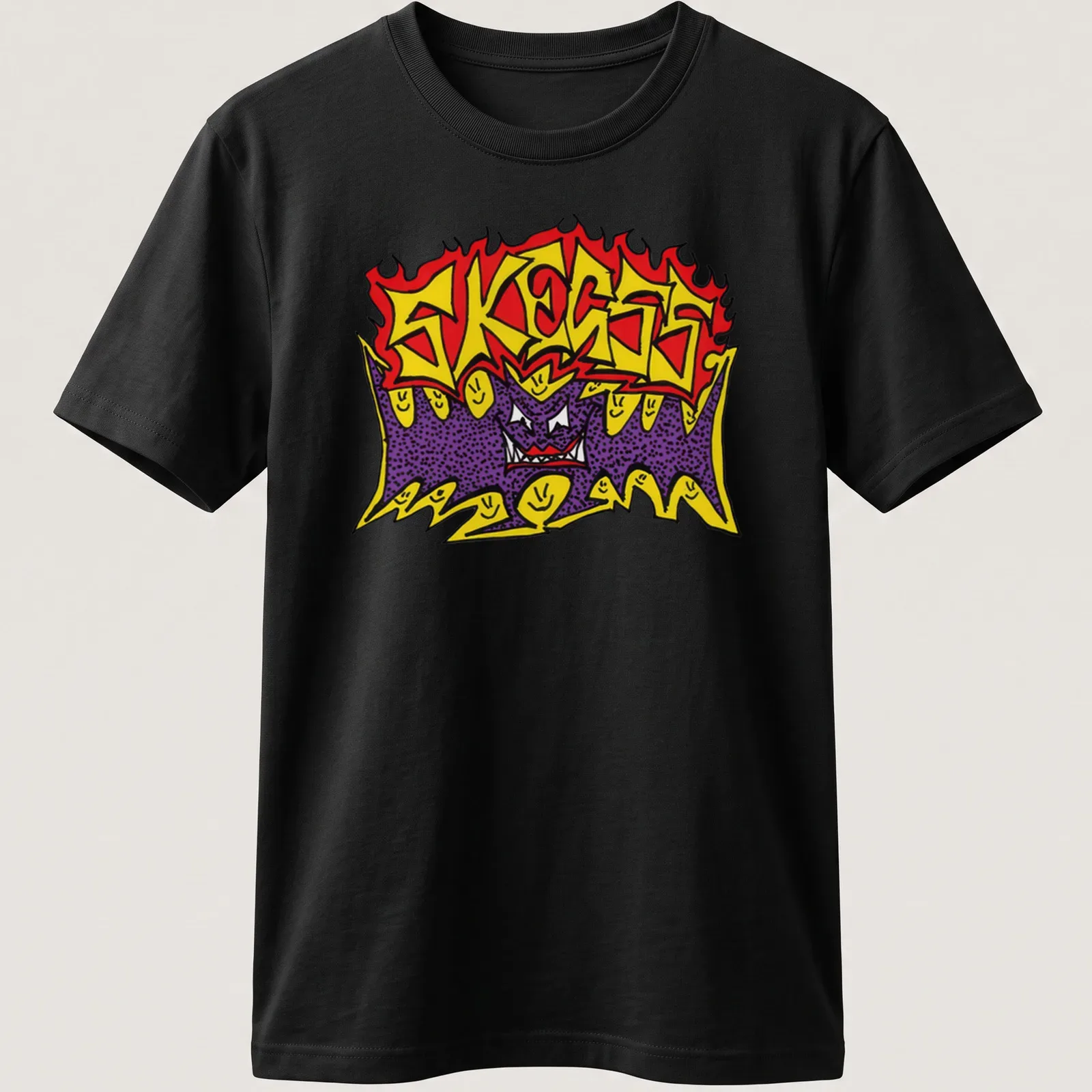 Bold graffiti style Skegss band logo in red, yellow, purple, and black. — printed on a unisex t-shirt
