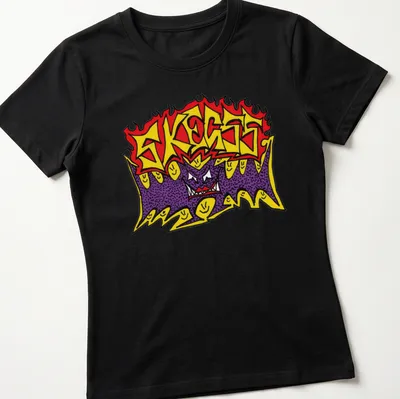 Bold graffiti style Skegss band logo in red, yellow, purple, and black. — printed on a women's shirt