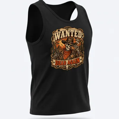 Vintage western style shirt featuring a skeleton cowboy and the text 'Wanted: Dead Again' — printed on a tank top