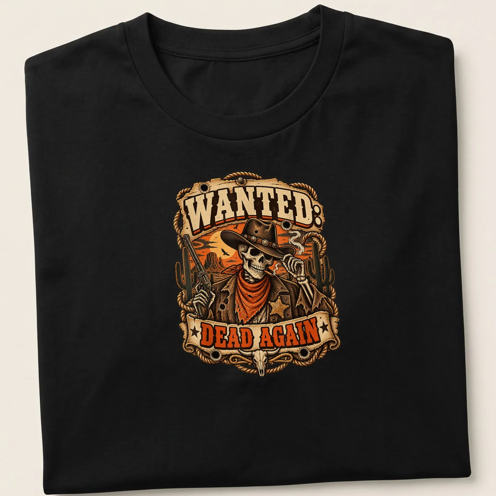 Vintage western style shirt featuring a skeleton cowboy and the text 'Wanted: Dead Again' — printed on a unisex t-shirt