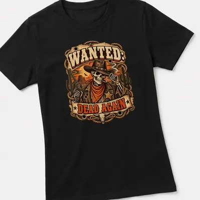 Vintage western style shirt featuring a skeleton cowboy and the text 'Wanted: Dead Again' — printed on a women's shirt