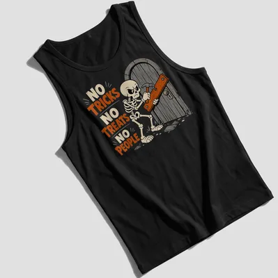 Cartoon skeleton hammering a door with humorous text above in orange and black — printed on a tank top