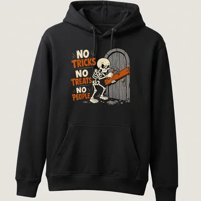 Cartoon skeleton hammering a door with humorous text above in orange and black — printed on a unisex hoodie
