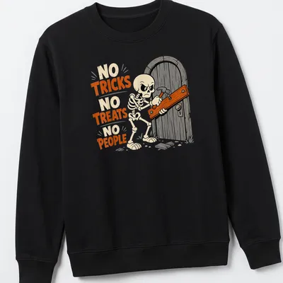 Cartoon skeleton hammering a door with humorous text above in orange and black — printed on a unisex sweatshirt