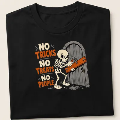 Cartoon skeleton hammering a door with humorous text above in orange and black — printed on a unisex t-shirt
