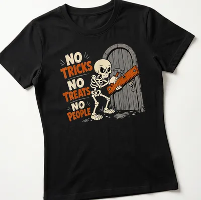 Cartoon skeleton hammering a door with humorous text above in orange and black — printed on a women's shirt