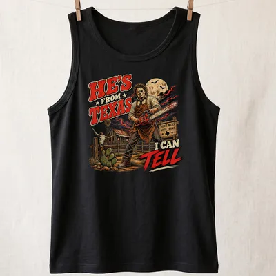 Vintage horror print of a skeleton with a chainsaw and Texas-themed text. — printed on a tank top