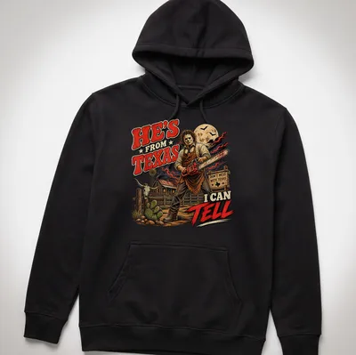Vintage horror print of a skeleton with a chainsaw and Texas-themed text. — printed on a unisex hoodie