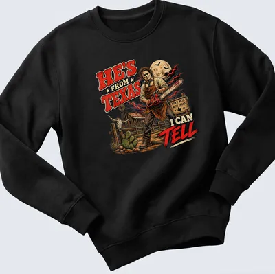 Vintage horror print of a skeleton with a chainsaw and Texas-themed text. — printed on a unisex sweatshirt