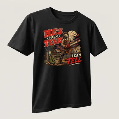 Vintage horror print of a skeleton with a chainsaw and Texas-themed text. — printed on a unisex t-shirt (angled view)