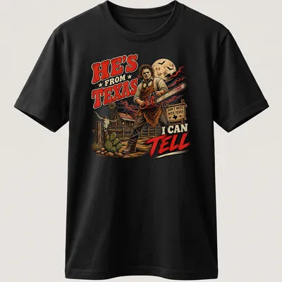 Vintage horror print of a skeleton with a chainsaw and Texas-themed text.