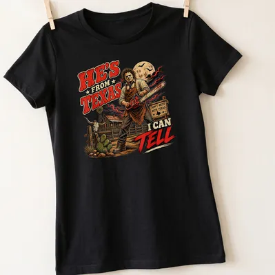 Vintage horror print of a skeleton with a chainsaw and Texas-themed text. — printed on a women's shirt