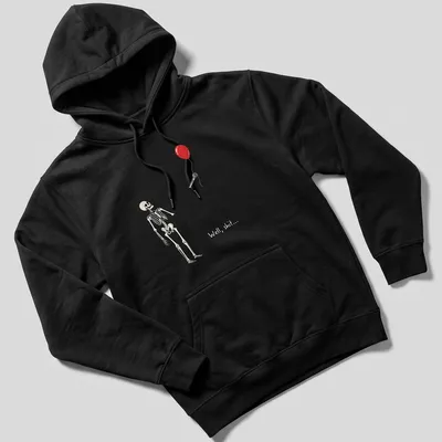Cartoon skeleton holding a red balloon with the text 'Well, shit...' — printed on a unisex hoodie
