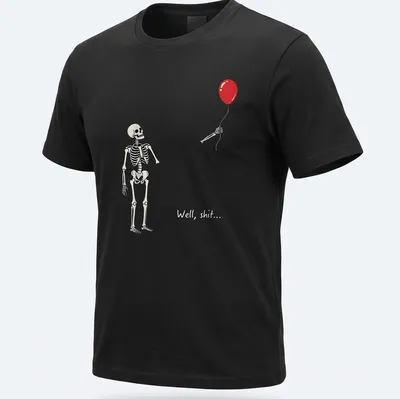 Cartoon skeleton holding a red balloon with the text 'Well, shit...'