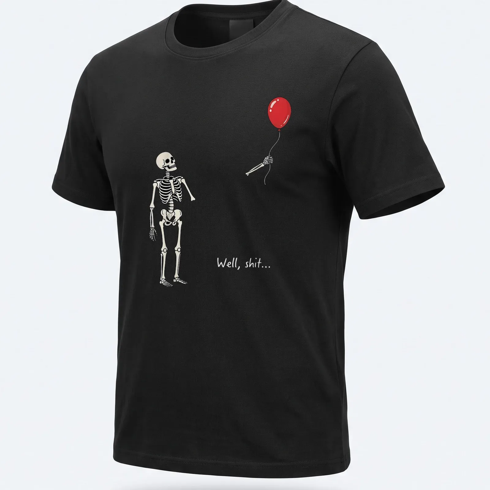 Cartoon skeleton holding a red balloon with the text 'Well, shit...' — printed on a unisex t-shirt