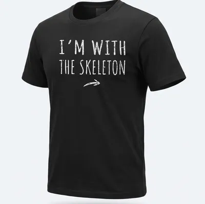 Bold text 'I'm with the skeleton' in white with a skeleton graphic