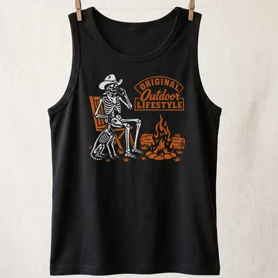 Retro print of a skeleton sitting by a campfire with bold text. — printed on a tank top