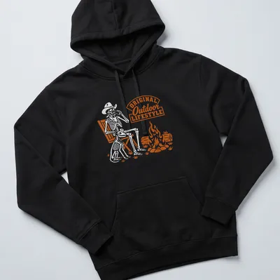 Retro print of a skeleton sitting by a campfire with bold text. — printed on a unisex hoodie