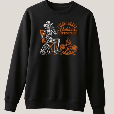 Retro print of a skeleton sitting by a campfire with bold text. — printed on a unisex sweatshirt