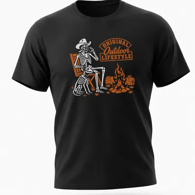 Retro print of a skeleton sitting by a campfire with bold text. — printed on a unisex t-shirt