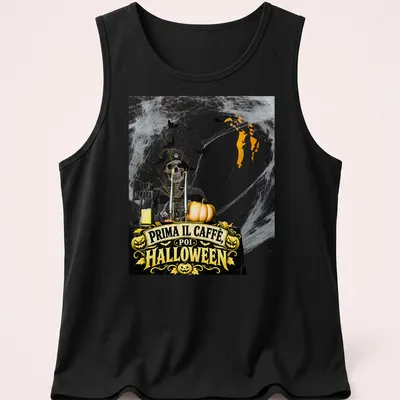 Vintage Halloween design with a skeleton pirate and coffee phrase in black, orange, yellow, and gray — printed on a tank top