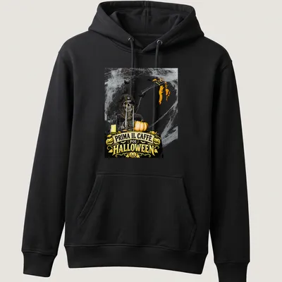 Vintage Halloween design with a skeleton pirate and coffee phrase in black, orange, yellow, and gray — printed on a unisex hoodie
