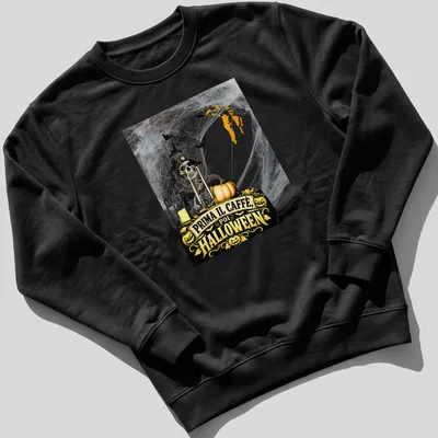 Vintage Halloween design with a skeleton pirate and coffee phrase in black, orange, yellow, and gray — printed on a unisex sweatshirt
