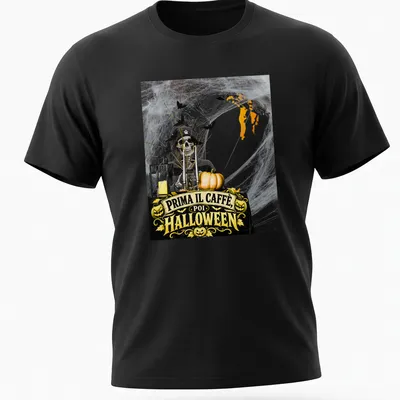Vintage Halloween design with a skeleton pirate and coffee phrase in black, orange, yellow, and gray