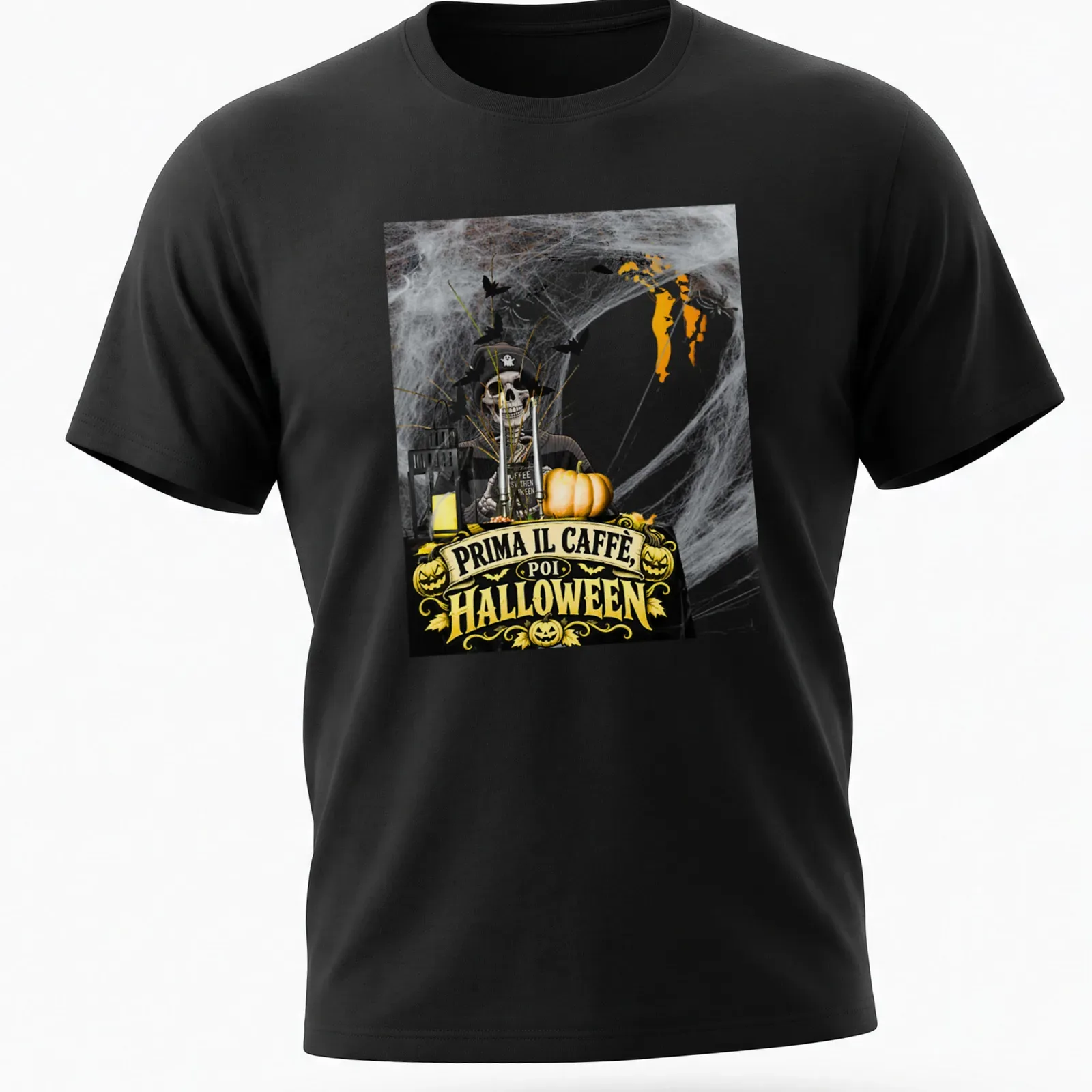 Vintage Halloween design with a skeleton pirate and coffee phrase in black, orange, yellow, and gray — printed on a unisex t-shirt