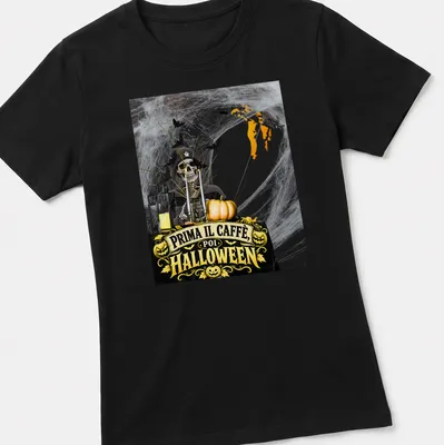 Vintage Halloween design with a skeleton pirate and coffee phrase in black, orange, yellow, and gray — printed on a women's shirt