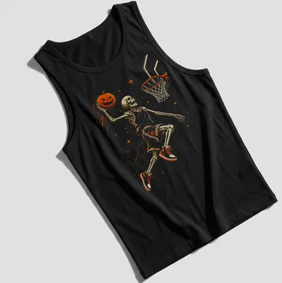 Illustrative Halloween t-shirt featuring a skeleton playing basketball with a pumpkin — printed on a tank top
