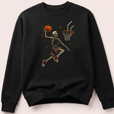 Illustrative Halloween t-shirt featuring a skeleton playing basketball with a pumpkin — printed on a unisex sweatshirt