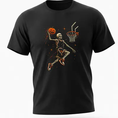 Illustrative Halloween t-shirt featuring a skeleton playing basketball with a pumpkin