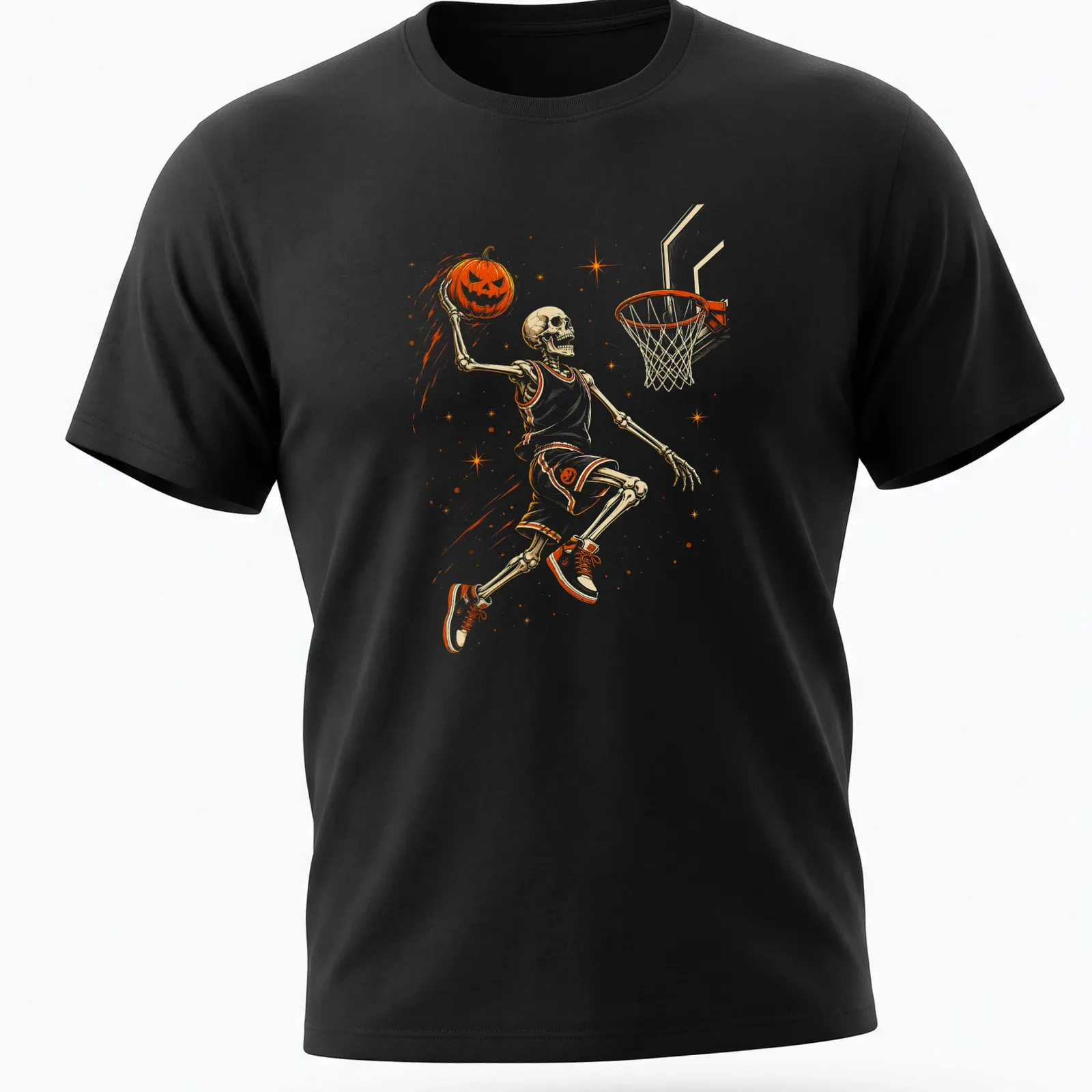 Illustrative Halloween t-shirt featuring a skeleton playing basketball with a pumpkin — printed on a unisex t-shirt
