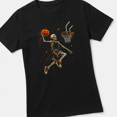 Illustrative Halloween t-shirt featuring a skeleton playing basketball with a pumpkin — printed on a women's shirt