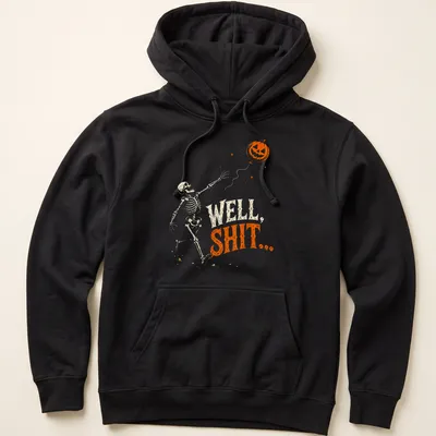 Vintage illustration of a skeleton with a deflated pumpkin balloon and the phrase 'WELL, SHIT...' in orange and black. — printed on a unisex hoodie