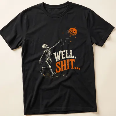 Vintage illustration of a skeleton with a deflated pumpkin balloon and the phrase 'WELL, SHIT...' in orange and black.