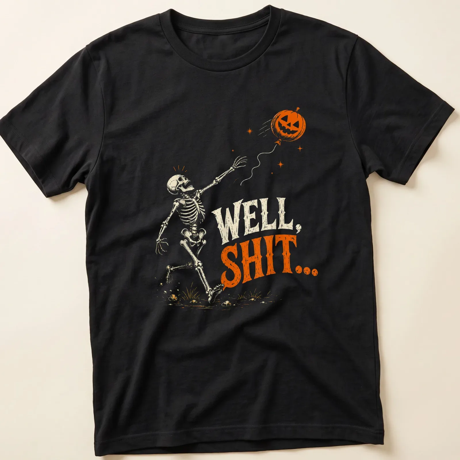 Vintage illustration of a skeleton with a deflated pumpkin balloon and the phrase 'WELL, SHIT...' in orange and black. — printed on a unisex t-shirt