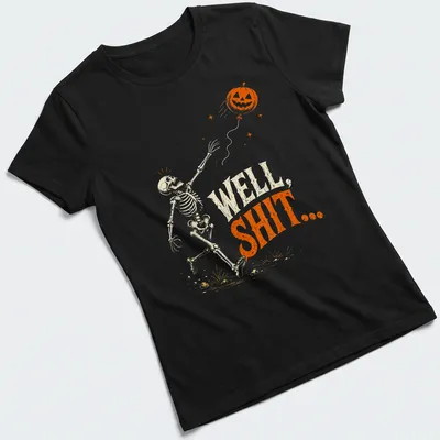 Vintage illustration of a skeleton with a deflated pumpkin balloon and the phrase 'WELL, SHIT...' in orange and black. — printed on a women's shirt