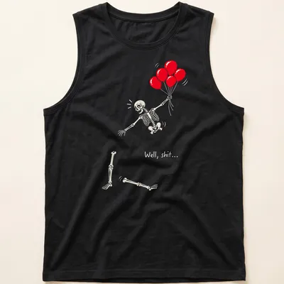 Retro-style skeleton holding red balloons with sarcastic text. — printed on a tank top