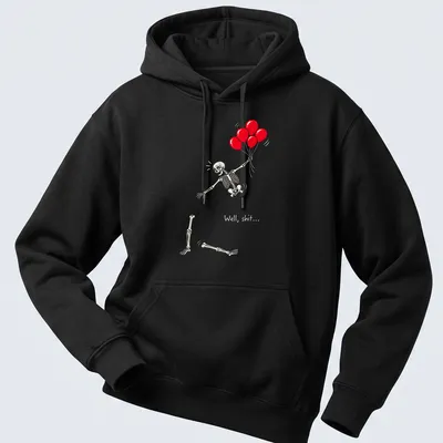 Retro-style skeleton holding red balloons with sarcastic text. — printed on a unisex hoodie
