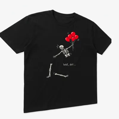 Retro-style skeleton holding red balloons with sarcastic text. — printed on a unisex t-shirt (angled view)
