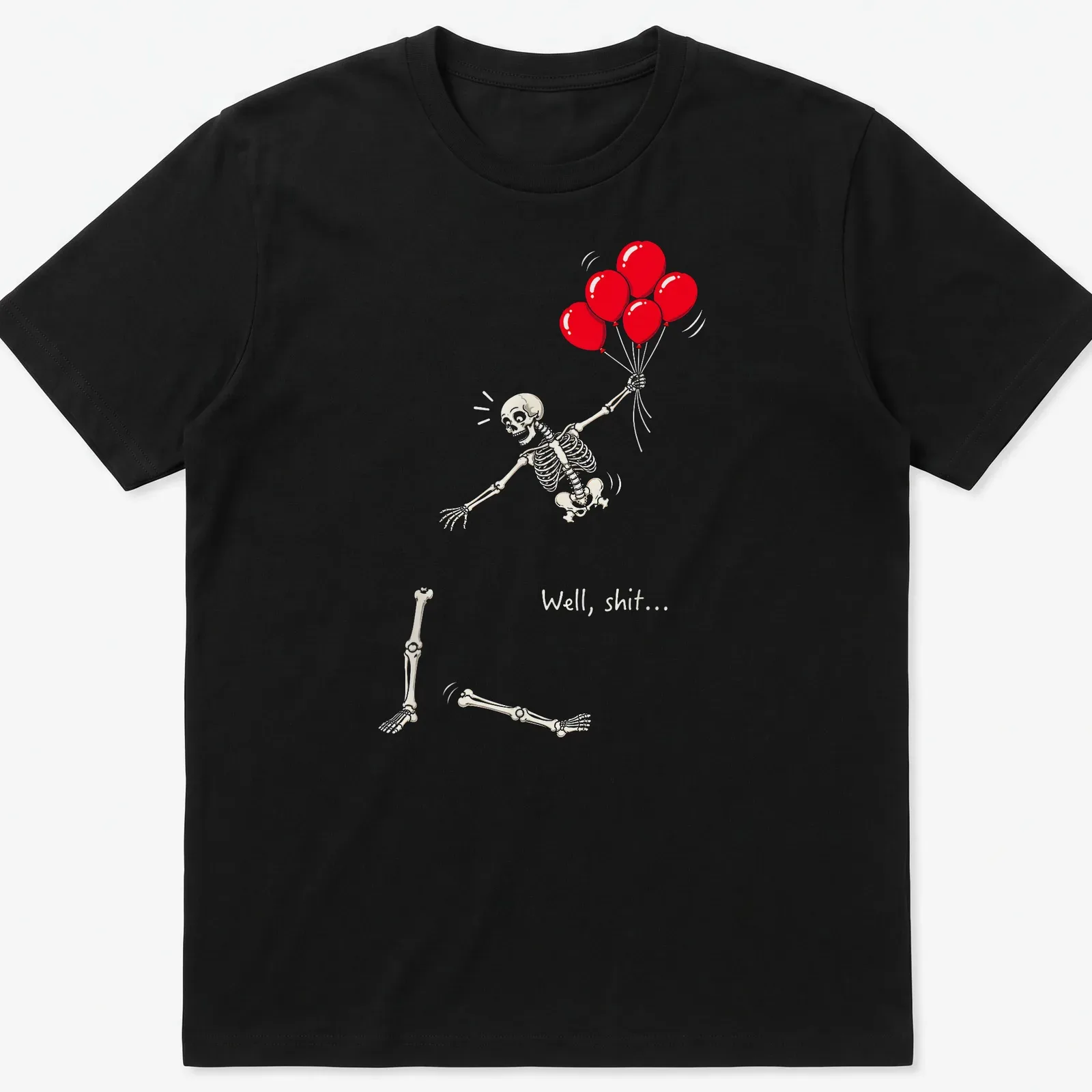 Retro-style skeleton holding red balloons with sarcastic text. — printed on a unisex t-shirt