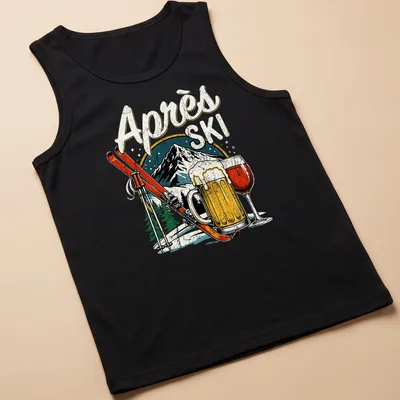 Vintage retro t-shirt with Après Ski text and skiing, beer, and wine graphic — printed on a tank top