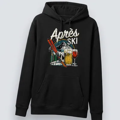 Vintage retro t-shirt with Après Ski text and skiing, beer, and wine graphic — printed on a unisex hoodie