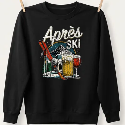 Vintage retro t-shirt with Après Ski text and skiing, beer, and wine graphic — printed on a unisex sweatshirt