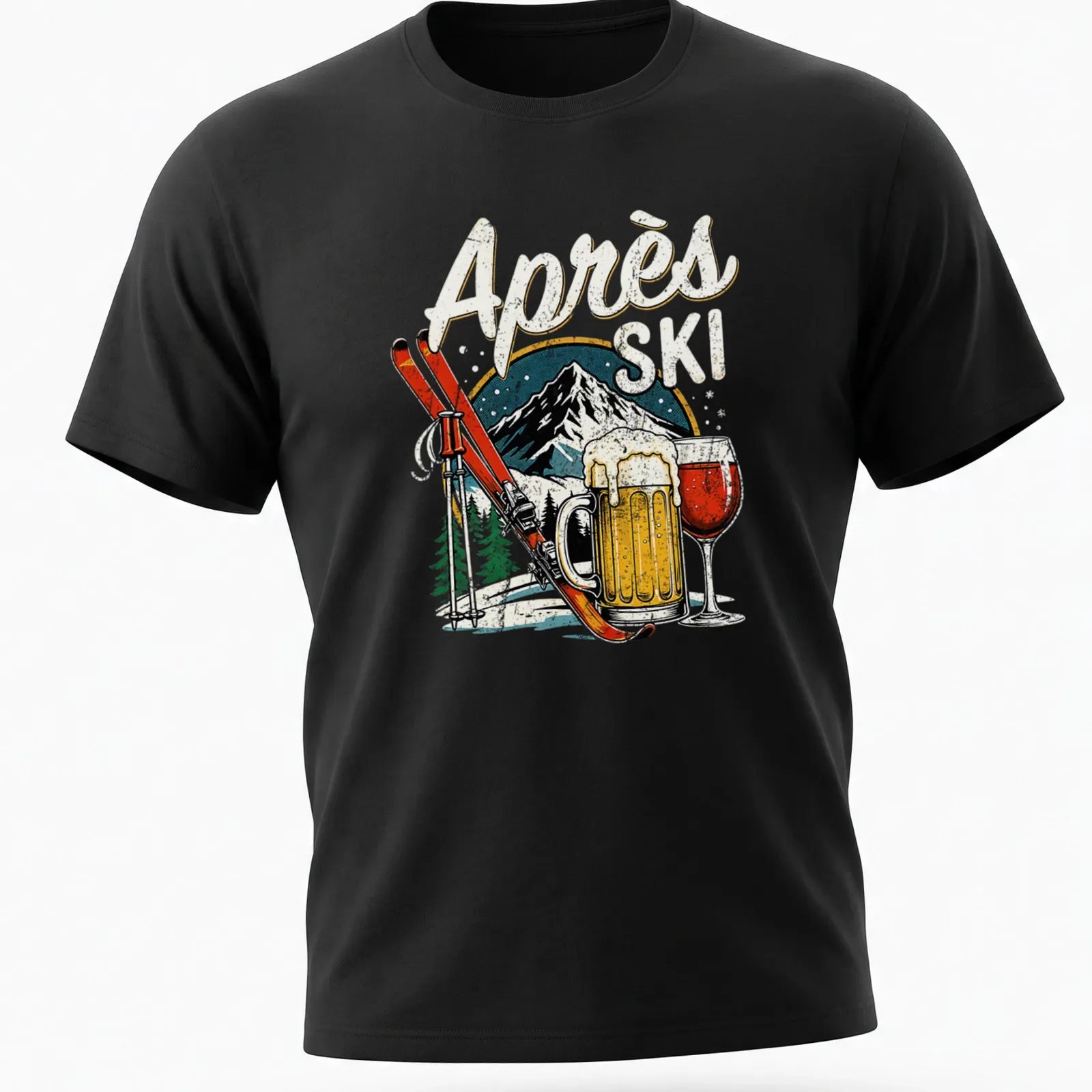 Vintage retro t-shirt with Après Ski text and skiing, beer, and wine graphic — printed on a unisex t-shirt
