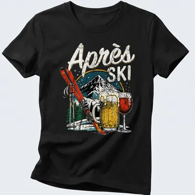 Vintage retro t-shirt with Après Ski text and skiing, beer, and wine graphic — printed on a women's shirt